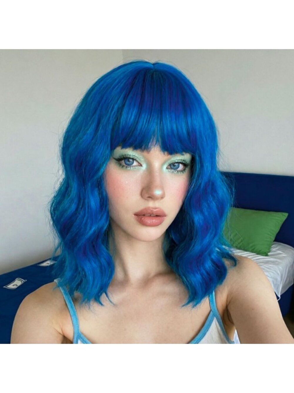 Women's Blue Short Adjustable Wavy Bob Wig with Bangs Cosplay and Party